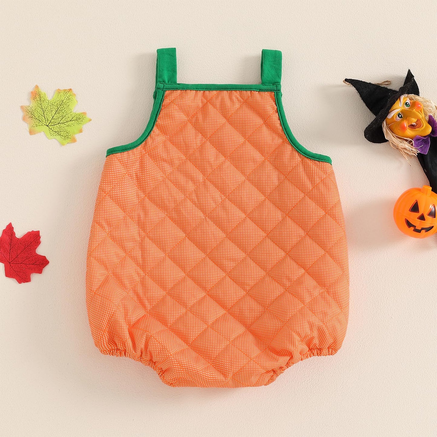Molzulams Baby Girl Boy Halloween Outfit Sleeveless Pumpkin Romper Adjustable Shoulder Strap Jumpsuit Cute Halloween Clothes