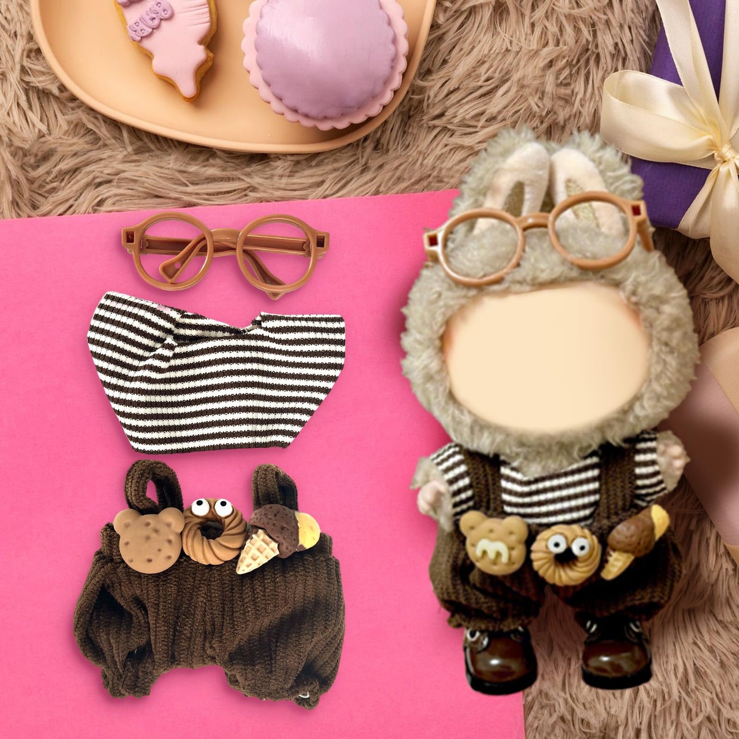 17cm Doll Clothes Labubu Clothes for 6.7inch(17cm) Dolls enhanced Doll Outfit with Hat and Accessories(Clothes Only) (Brown White)