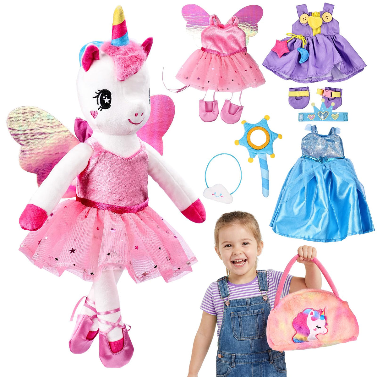 Esjay Unicorn Toys for Girls Age 46, Ballerina Doll Dance Recital Gifts, Unicorn Stuffed Animal Ballet Dress up Doll Plush Bag 