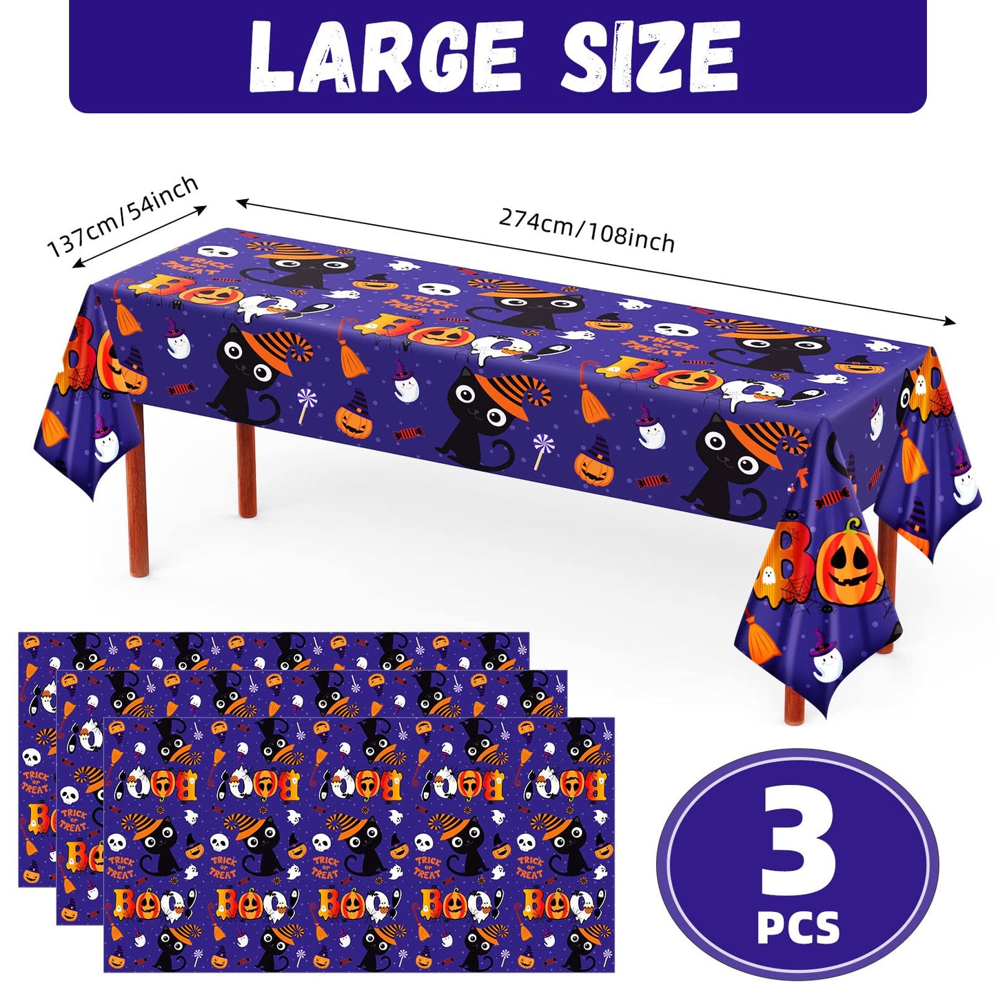 Tegeme Bulk Halloween Tablecloth for Kids Party 108 x 54 Inch Disposable Plastic Rectangular Table Covers with Cute Cat Pumpkin
