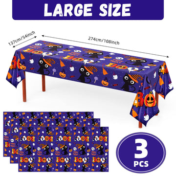 Tegeme Bulk Halloween Tablecloth for Kids Party 108 x 54 Inch Disposable Plastic Rectangular Table Covers with Cute Cat Pumpkin
