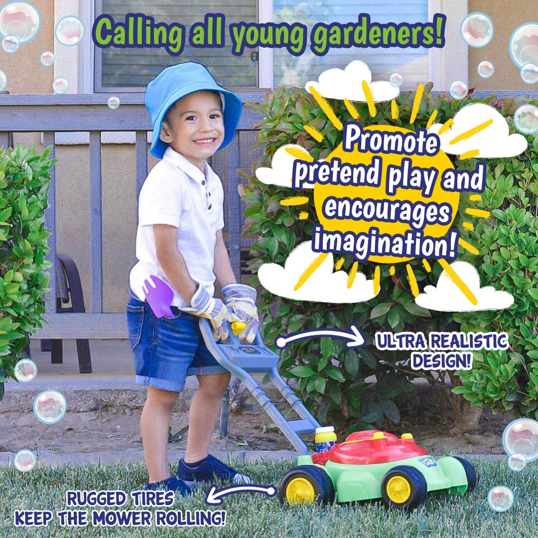 Bubble N Go Lawn Bubble Mower for Toddlers  Bubble Blowing Machines  Indoor/Outdoor Gardening Toy  Birthday Party  No Batteries Required  Includes 24oz Bubble Solution and 24 Refill Packs  Ages 2+