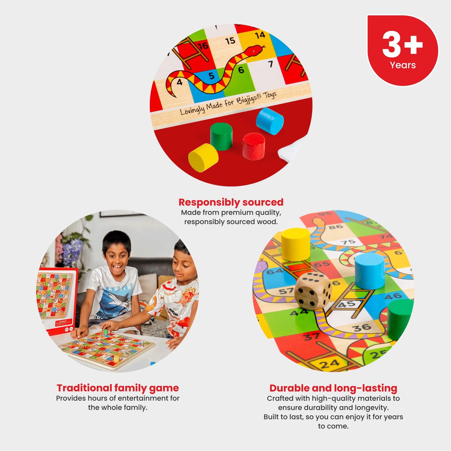 Bigjigs Toys Traditional Snakes and Ladders Game - Quality Snake and Ladders Family Games for Kids and mature-themeds  Up to 4 Players  Board Game Includes Counters & Dice