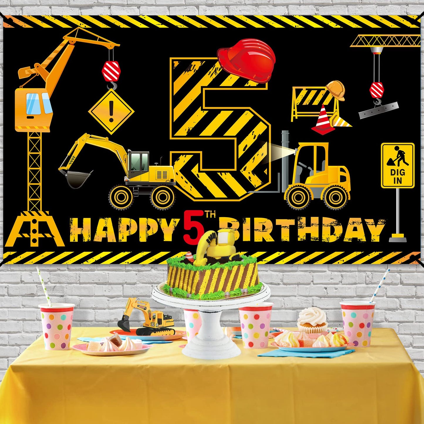 Construction 5Th Birthday Banner Decorations For Boys Kids, Dump Truck Construction Theme Five Birthday Party Supplies, Excavato