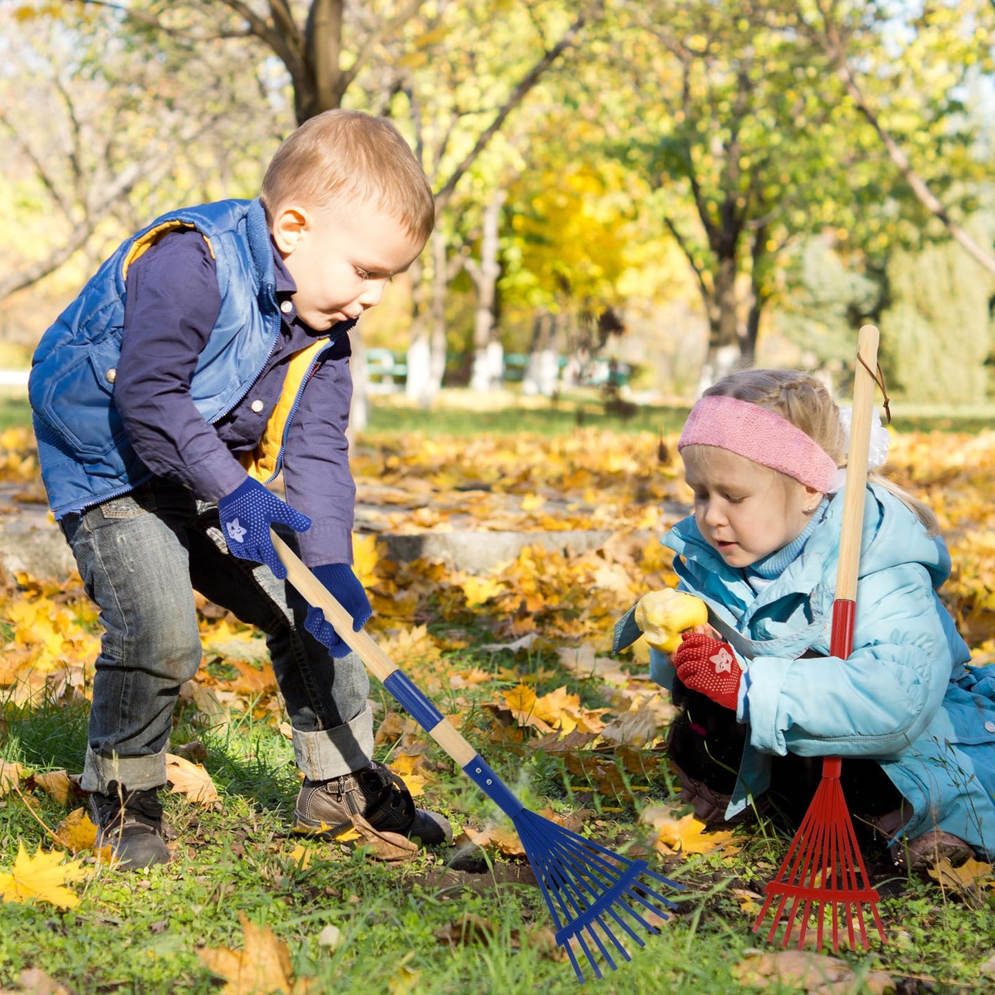 Nng 2 Pcs 27'' Metal Kids Leaves Rakes And 2 Pcs Kids Gloves,Small Kids Lawn Rakes With Wooden Handle,Garden Tool Set For Kids B