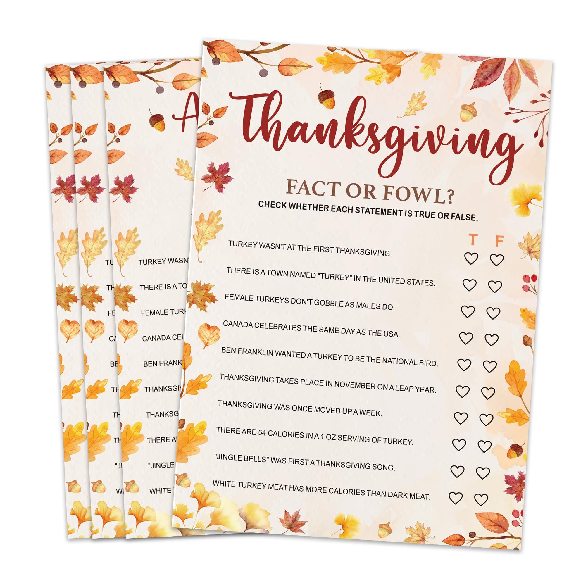 Bltgh Thanksgiving True or False Game Card Fun Fall Party Icebreaker for Family and Friends Autumn Holiday Gathering Activity 5x7 Inch Cards with Answer Card