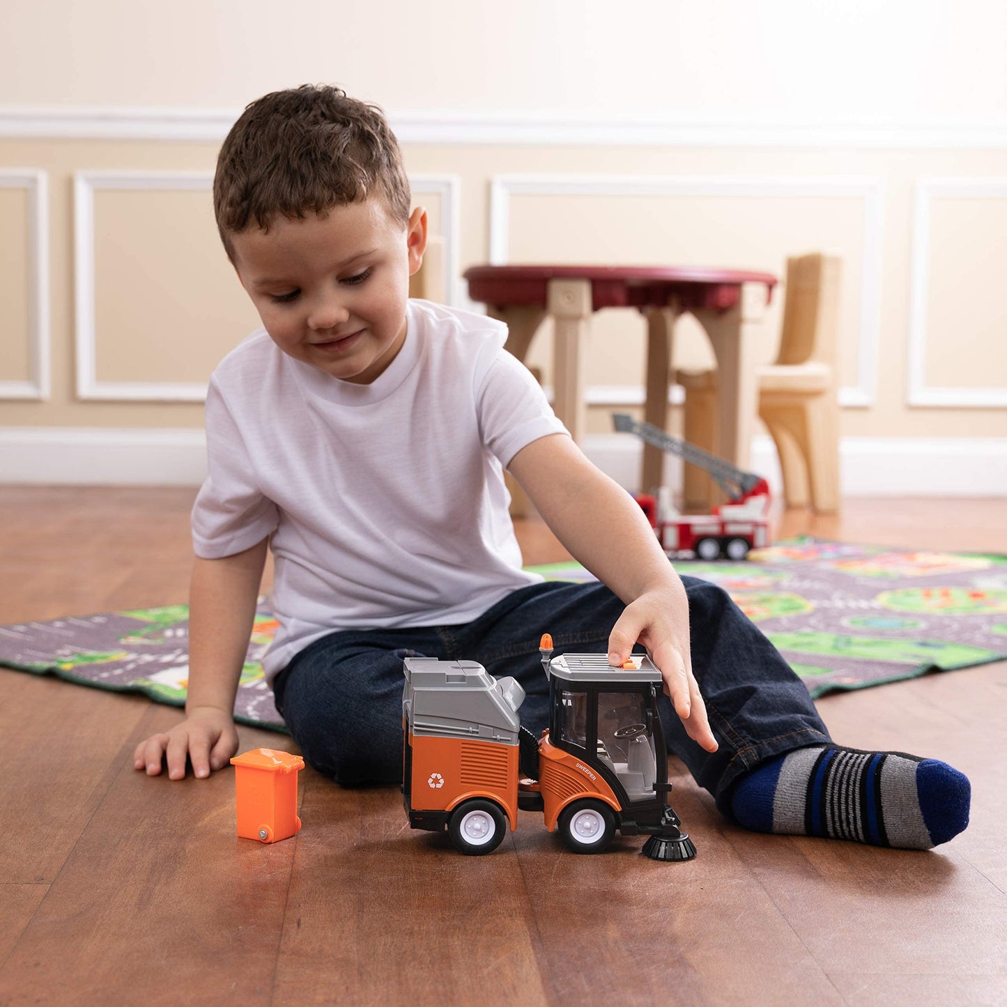 Street Sweeper Truck with Light & Sound Effects - Friction Powered Wheels, Removable Garbage Can & Rotating Brushes - Heavy Duty