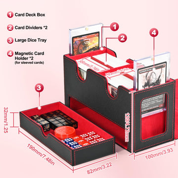 Uaono Card Deck Box For Mtg, Double Card Storage Box With 2 Commander Display & 1 Dice Tray, Fits 200+ Double Sleeved Cards, Card Organizer For Ccg Tcg Sports Cards (Black Red)