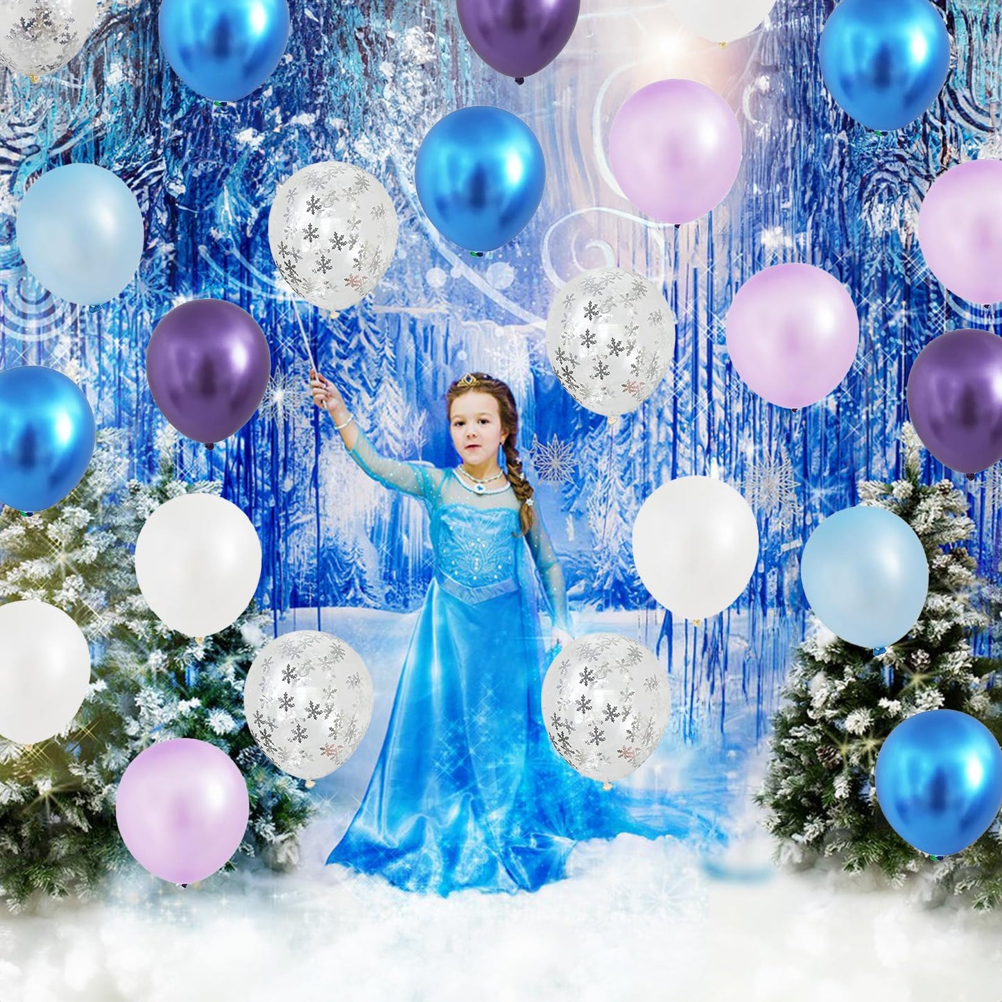 Frozen Balloons Set, 12 Inch Metallic Blue Purple Balloons Snowflake Confetti Latex Balloons Metallic Silver Helium Balloon Gril