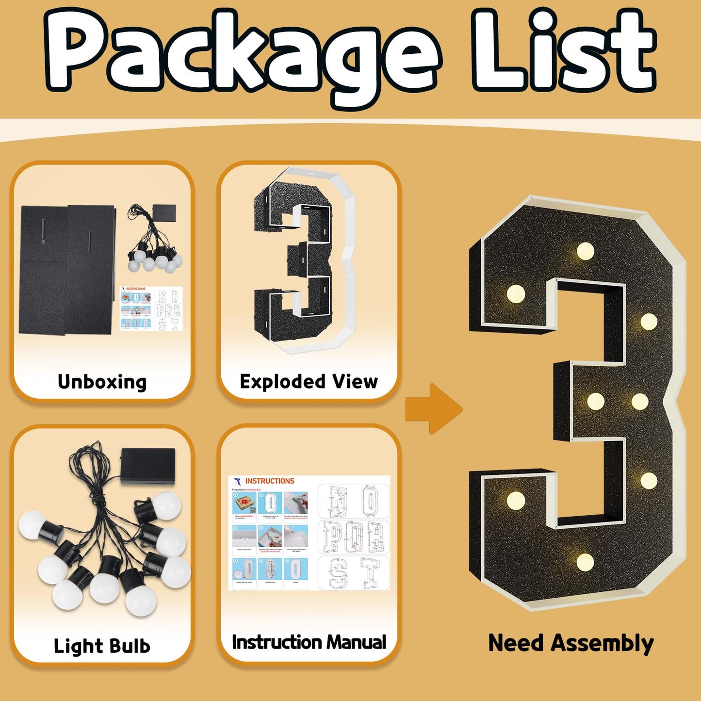 Imprsv Marquee Numbers Black 3Ft: Black Party Decor - Light Up Number 3 Large 3 Feet Tall - Birthday Decorations For Him Her 3Rd