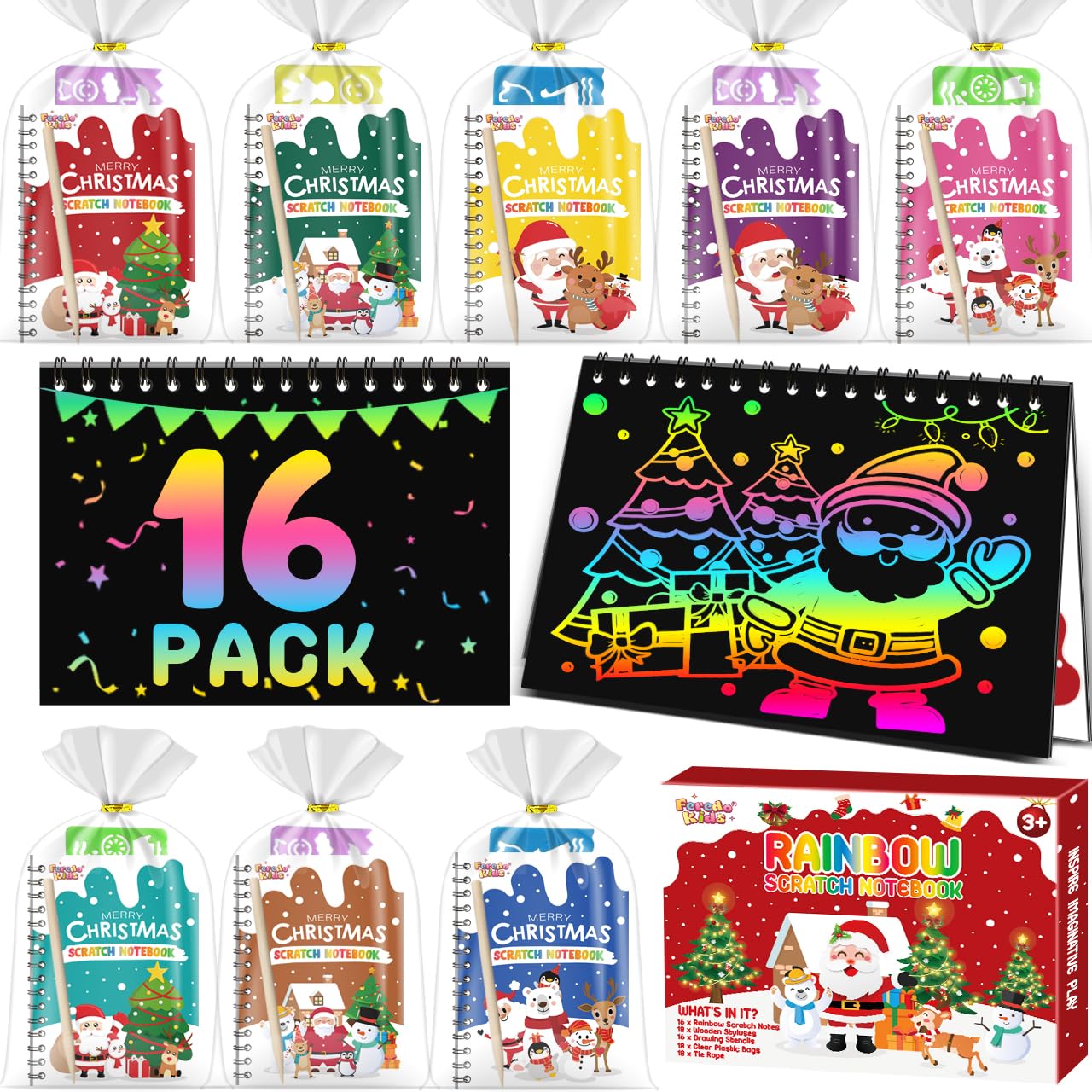 FEREDO KIDS Party Favors for Kids: 16 Pack Christmas Rainbow Scratch Art Notebook Classroom School Supplies Bulk for Girls Boys 