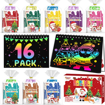 FEREDO KIDS Party Favors for Kids: 16 Pack Christmas Rainbow Scratch Art Notebook Classroom School Supplies Bulk for Girls Boys 