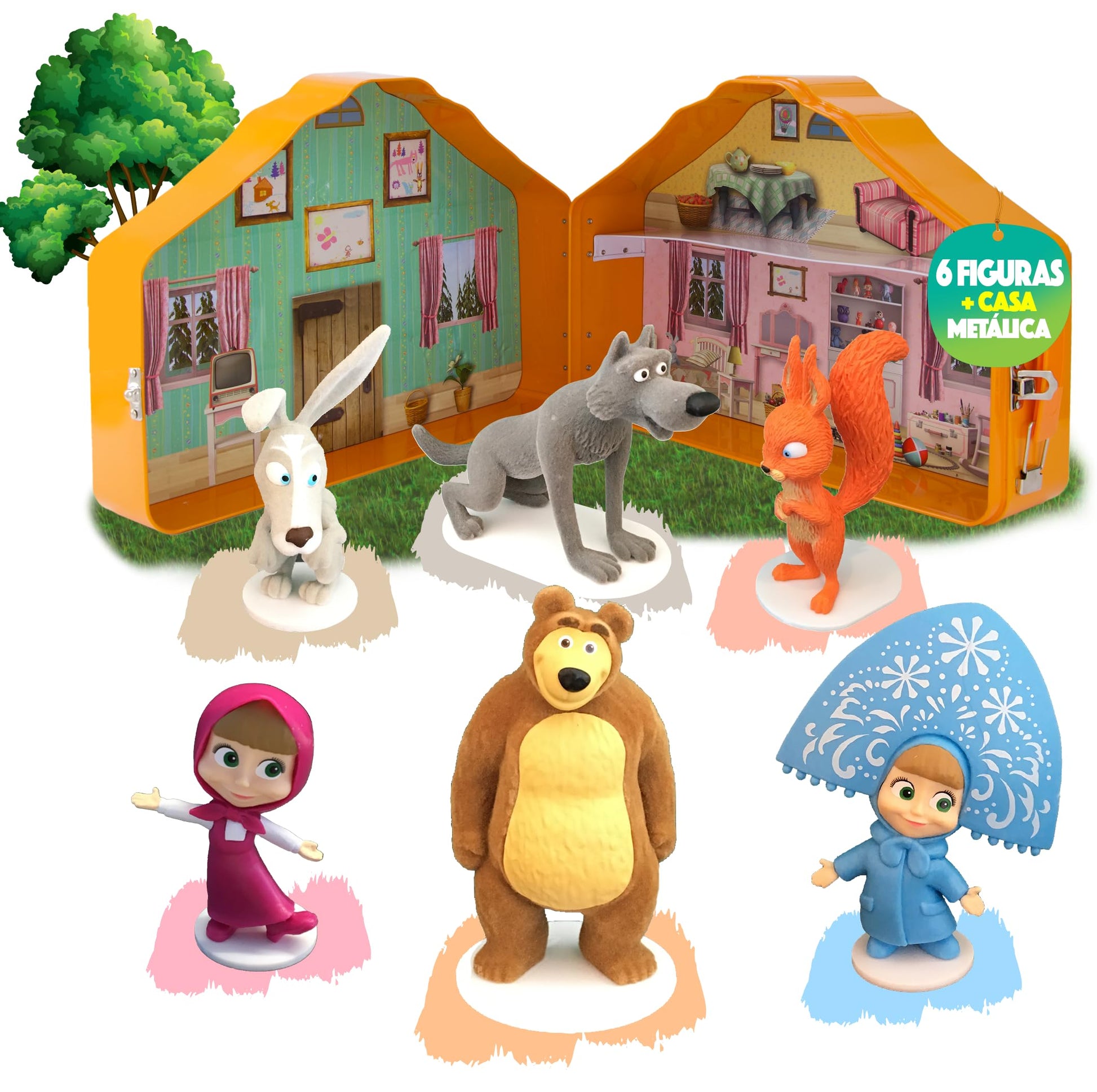 LUPPA Masha and The Bear Playset House  Top Notch enhanced 6-Velvety Figurine Set in Tin-Lunchbox Easy to Carry & Store  Collectors' Delight