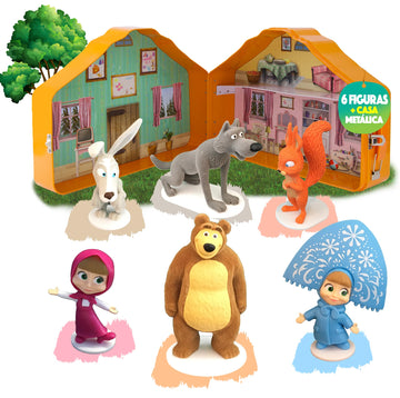 LUPPA Masha and The Bear Playset House  Top Notch enhanced 6-Velvety Figurine Set in Tin-Lunchbox Easy to Carry & Store  Collectors' Delight
