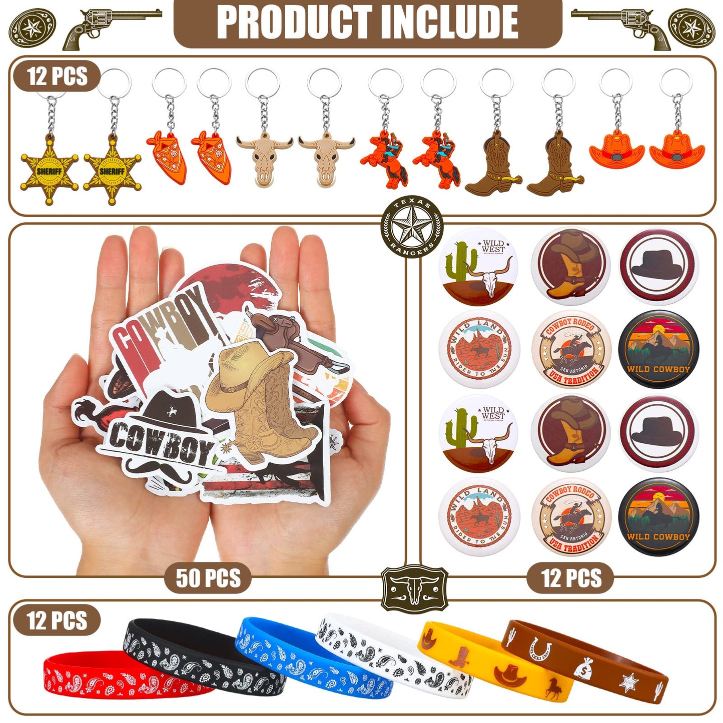 Sureio 86 Pcs Western Cowboy Party Favors Include 12 Cowboy Keychain 12 Western Cowboy Silicone Bracelets 12 Button Pins 50 Wate