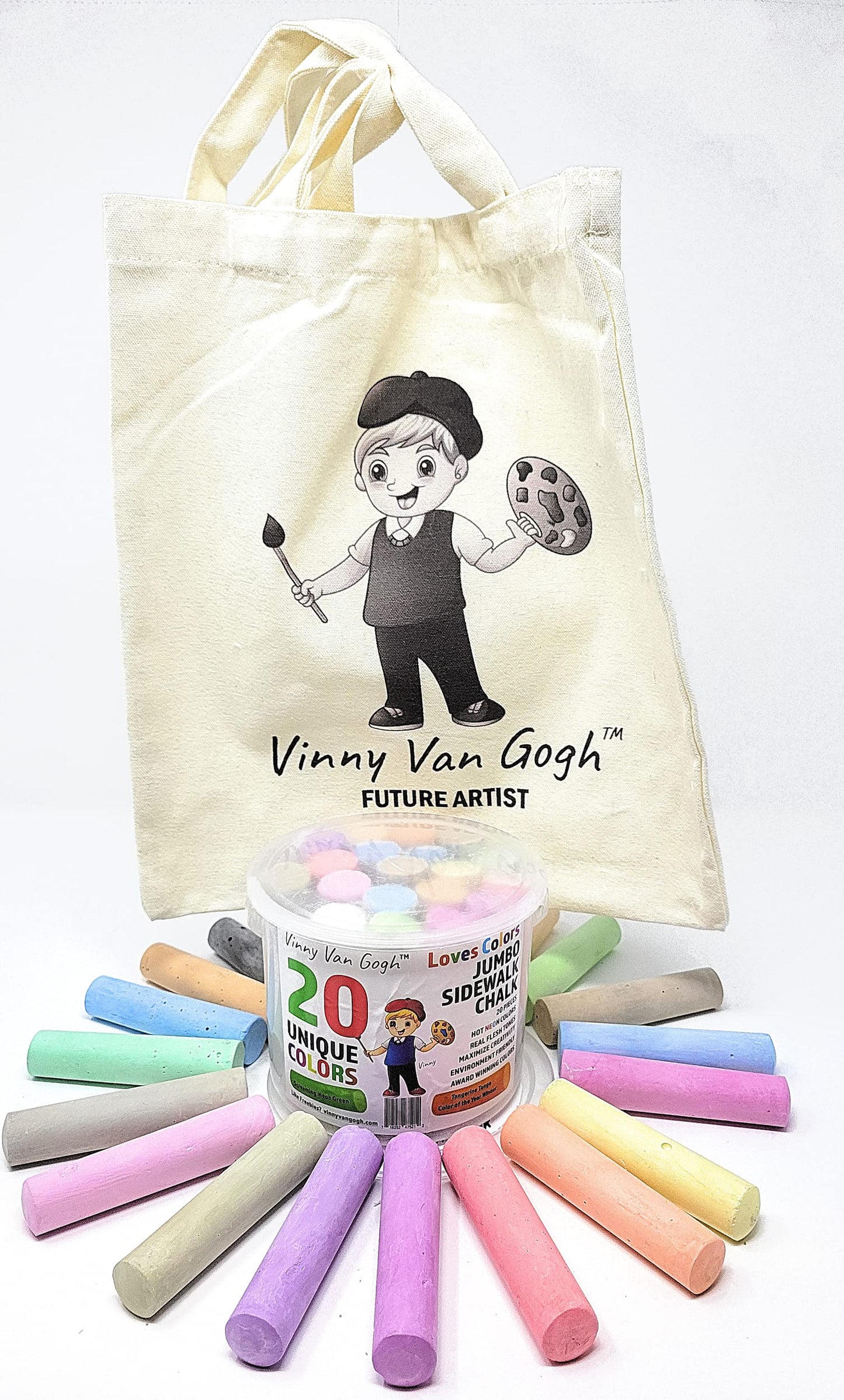 Vinny Van Gogh 20 Hot Colors Jumbo Sidewalk Chalk + Cute Tote bag > Toddlers Kids Adults > Safe Non-Toxic Washable Dustless > Aw