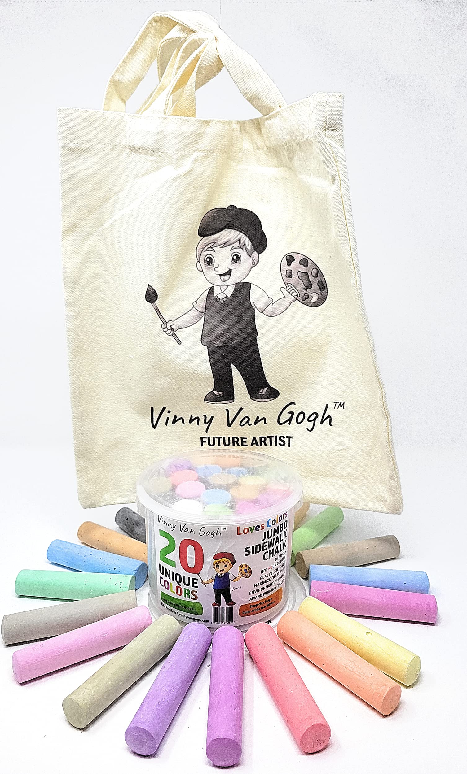 Vinny Van Gogh 20 Hot Colors Jumbo Sidewalk Chalk + Cute Tote bag > Toddlers Kids Adults > Safe Non-Toxic Washable Dustless > Aw
