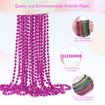 ZZYFGH 33'' 7mm St Patricks Day Beads Necklace, Metallic Hot Pink Bead Necklace Bulk, Mardi Gras Round Beaded Necklaces for Part