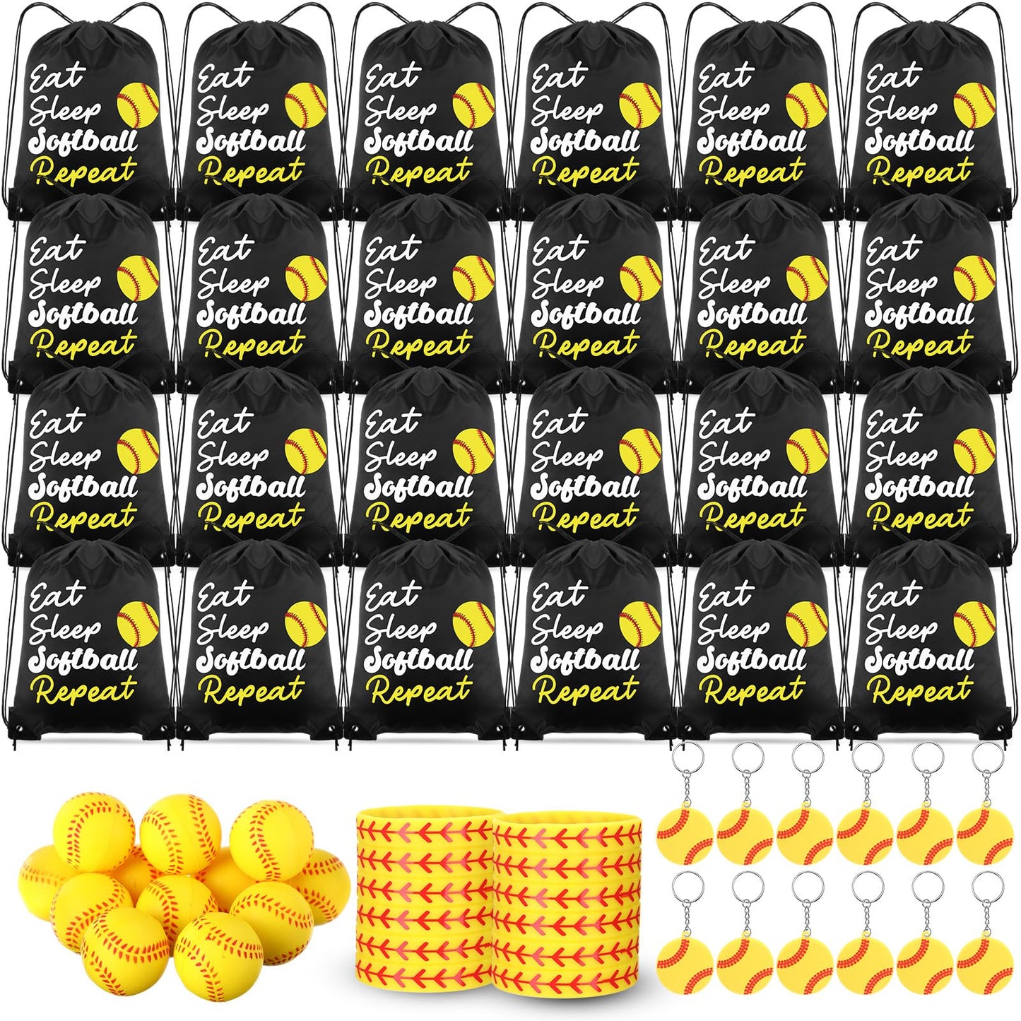 MiniInflat 96 Pcs Softball Party Favors for Kids Include 24 Softball Drawstring Bags, 24 Softball Keychain, 24 Silicone Softball