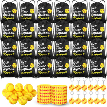 MiniInflat 96 Pcs Softball Party Favors for Kids Include 24 Softball Drawstring Bags, 24 Softball Keychain, 24 Silicone Softball