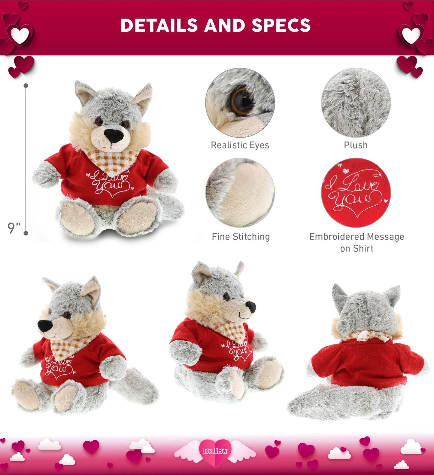 DolliBu I Love You Valentine Plush Sitting Wolf - Cuddly Soft Cute Stuffed Animal with Red Heart Shirt Gift for Valentines Day  Birthday Present  Anniversary  Romantic Date - 9 Inches
