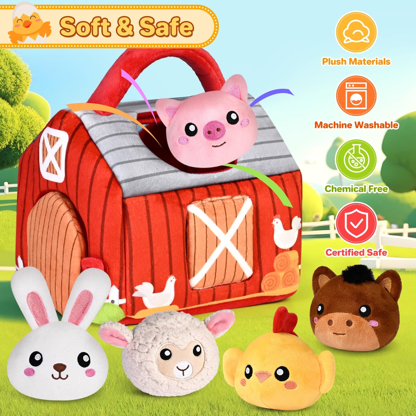 Kmuysl Baby Toys 0-6 6-12 Months, Plush Big Red Barn With Farm Animals, Soft Sensory Toys With Crinkle, Rattles For 0-3-6-9-12 Month Newborn Infant, Christmas Easter Birthday Gifts For Baby Boys Girls