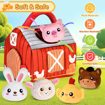 Kmuysl Baby Toys 0-6 6-12 Months, Plush Big Red Barn With Farm Animals, Soft Sensory Toys With Crinkle, Rattles For 0-3-6-9-12 Month Newborn Infant, Christmas Easter Birthday Gifts For Baby Boys Girls