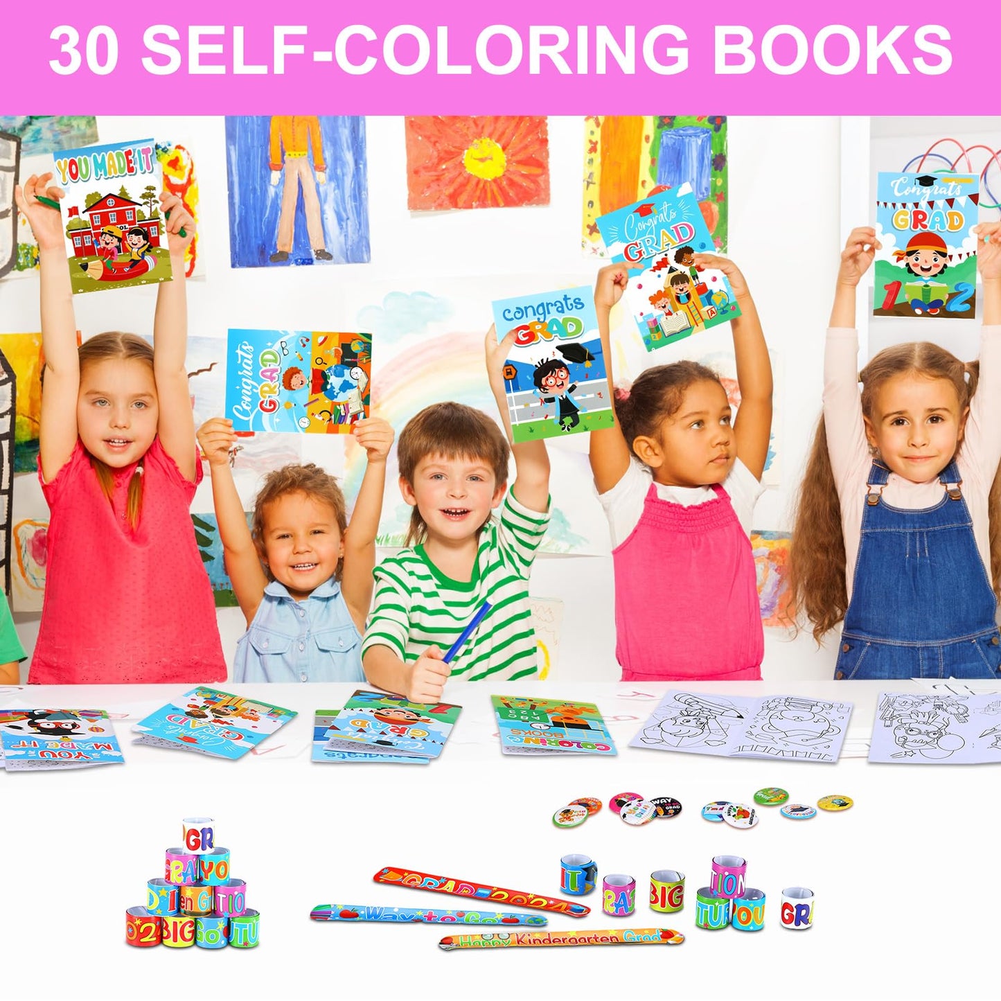 Fuyoooo 180 Pcs Kindergarten Graduation Party Favor Set Include 60 Slap Bracelets 30 Coloring Books 30 Paper Bags 30 Button Pin