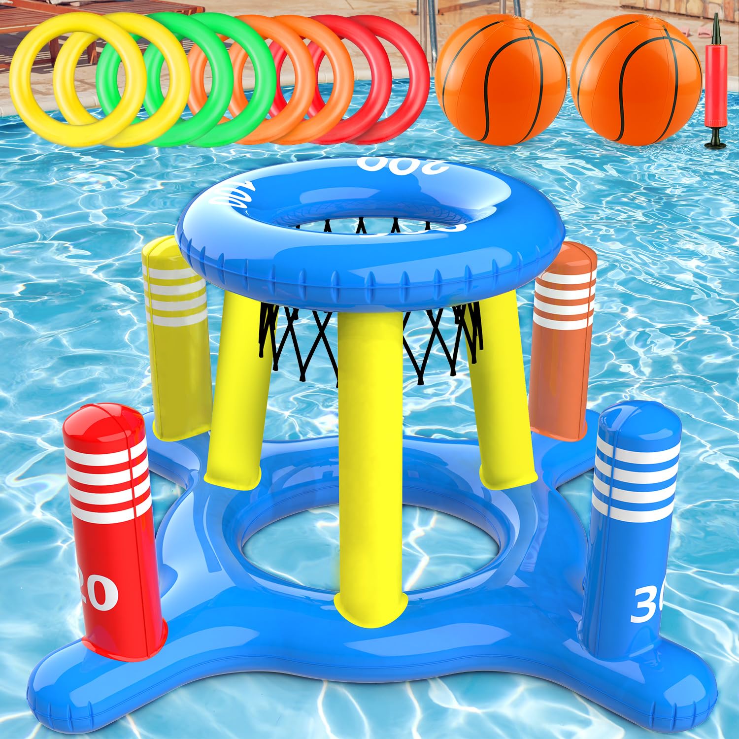GiziGizi Pool Toys for Kids mature-themed  2in1 Inflatable Pool Floats Basketball Hoop & Ring Game  Swimming Pool Games for mature-themeds and Family  Outdoor Party Poolside Water Toy for Boys Girls Kids Ages 4-8-12
