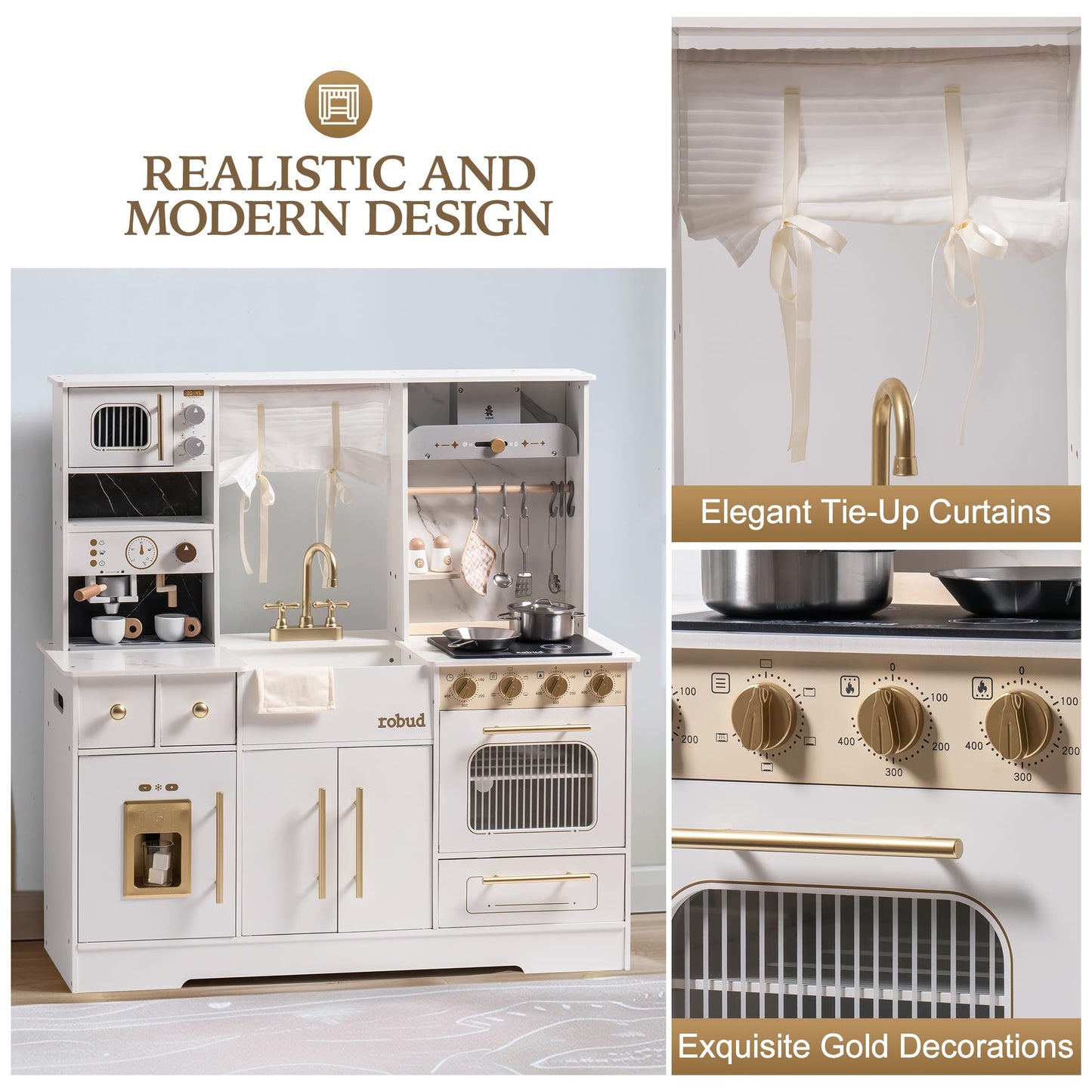 Robud Wooden Play Kitchen Set For Kids, Pretend Toy Kitchen With Ice Maker, Coffee Machine, Oven, Microwave, Cabinet, Utensils,