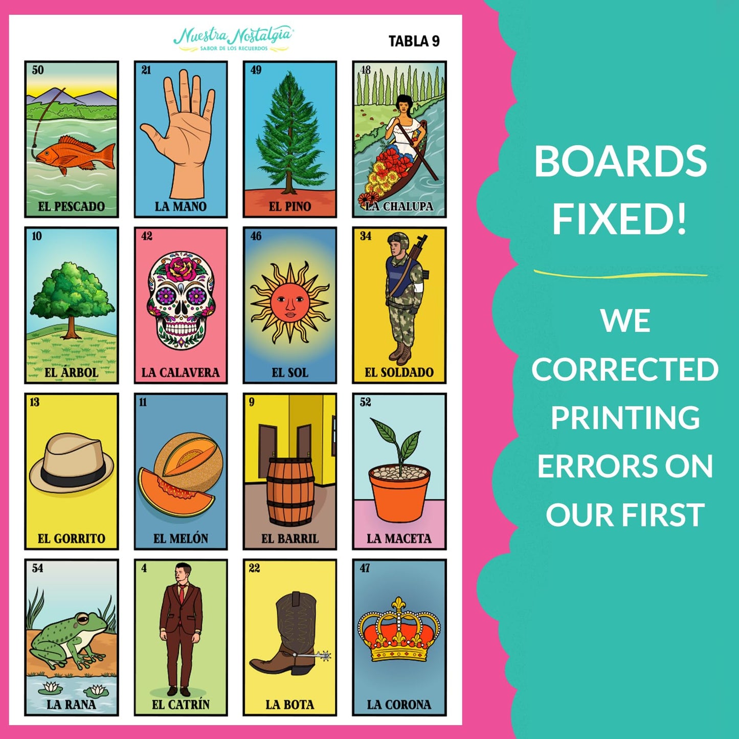 Nuestra Nostalgia Waterproof Loteria Game - 12"x8" Shuffleable Boards, Yellow & White, No Stereotypical Characters, Ideal for Parties