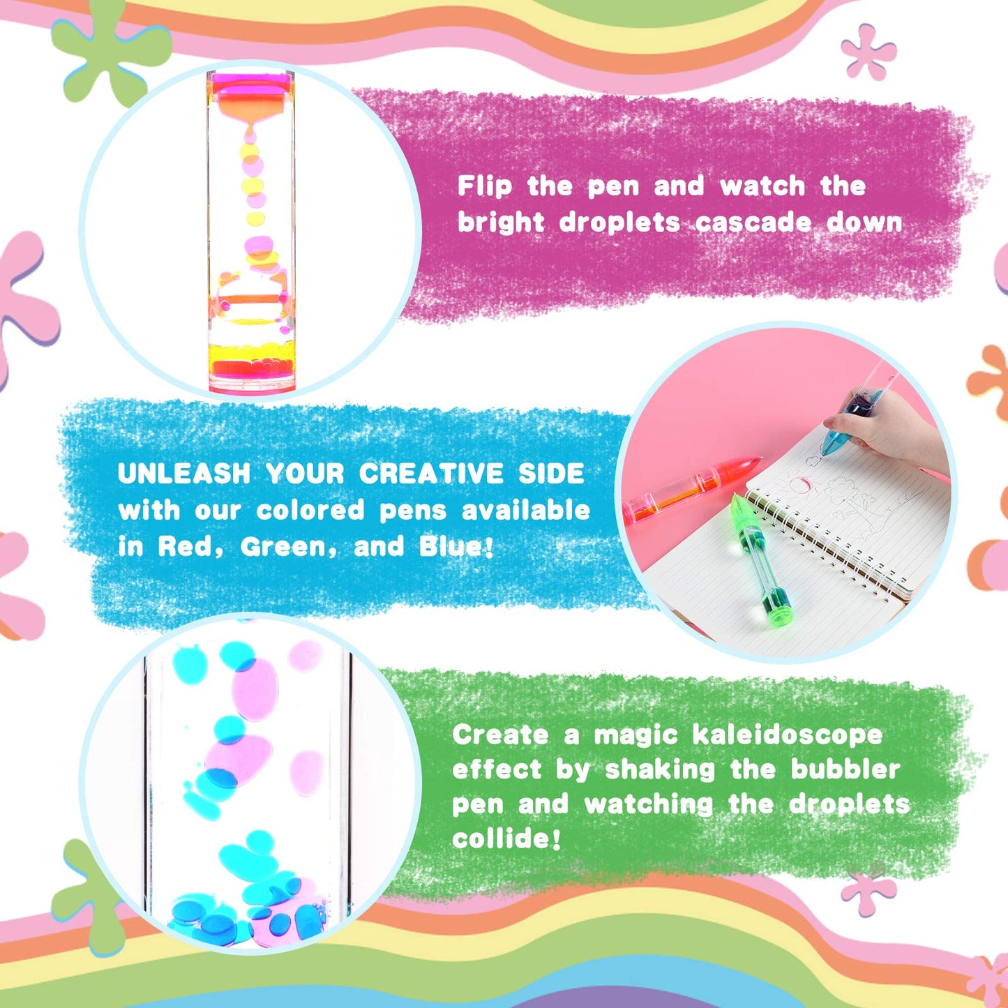 Livond Liquid Timer Pen - Retractable Ballpoint Pen With Colorful Moving Bubbles & Droplets - Relaxing Calming Fidget Sensory Writing Toy For Kids & Adults- 3-Pack (Red, Green, Blue)