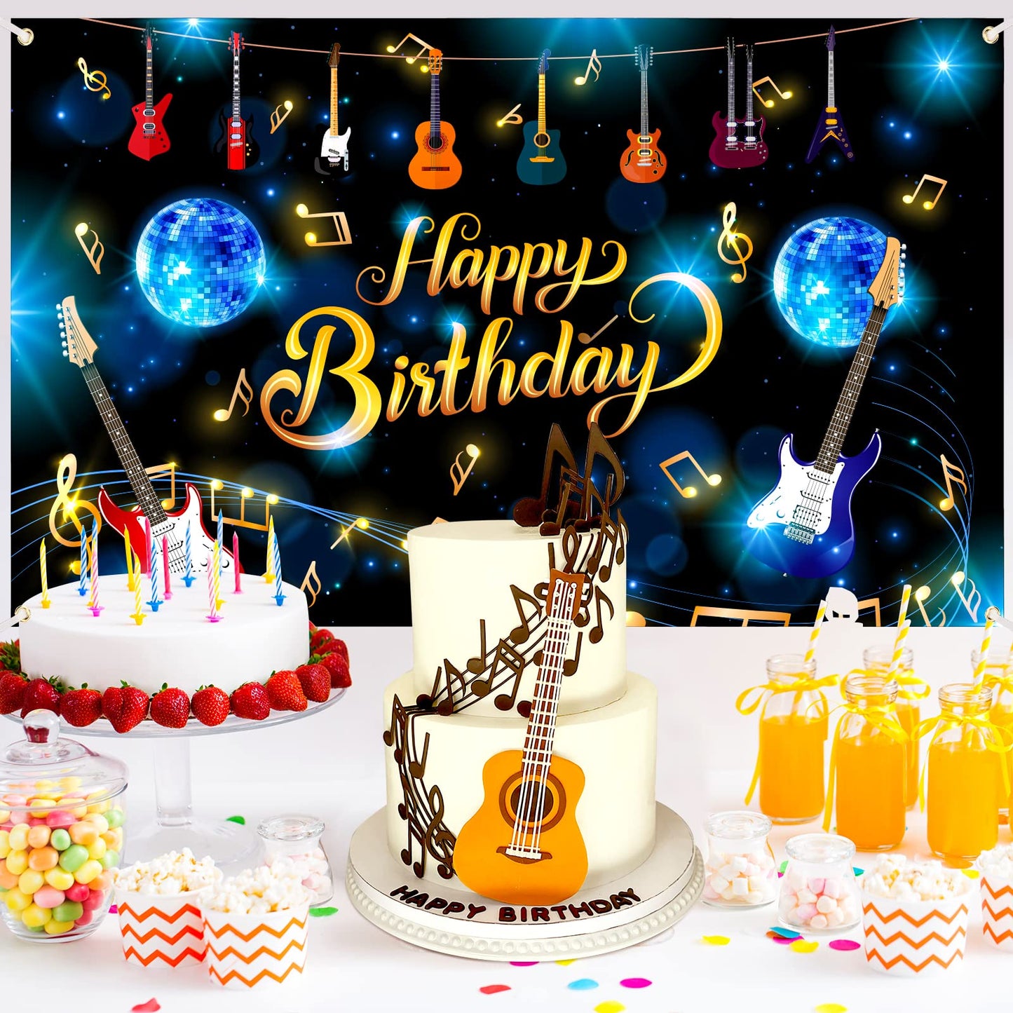 ZELARO Music Note Guitar Birthday Banner, 180 x 110 cm, Multicolor Polyester Rock and Roll Party Decoration