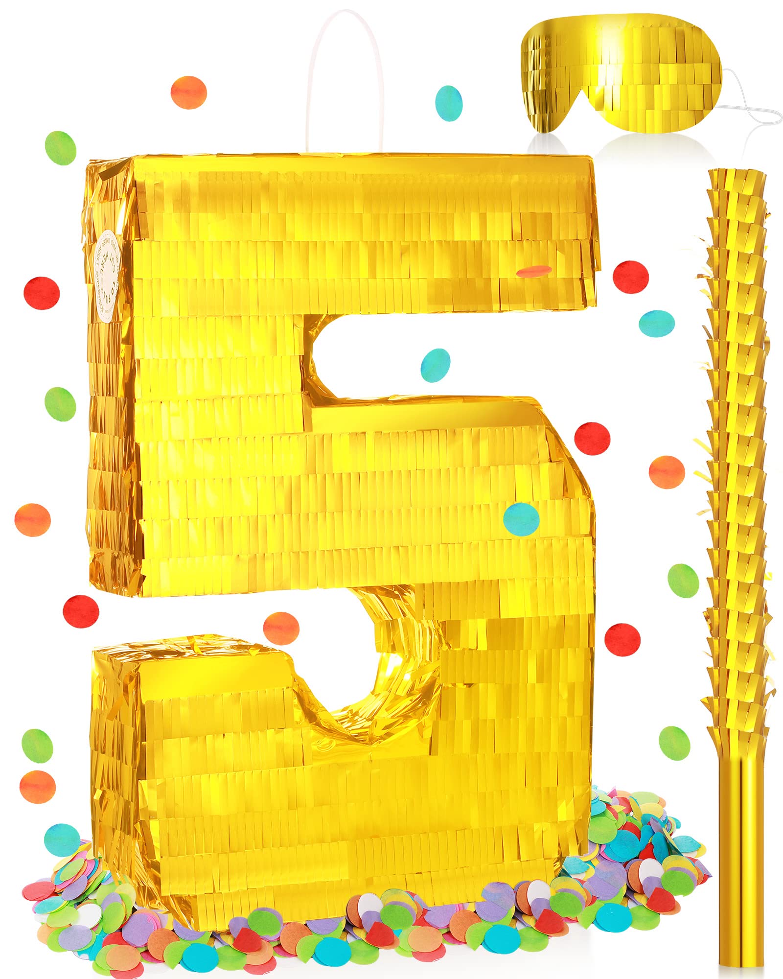 Sratte Number Piñata Birthday Piñata Decorations Gold Foil Piñata With Stick Blindfold Confetti For Boy Girl Birthday Party Decorations Anniversary Celebrations Fiesta Supplies(Number 5)