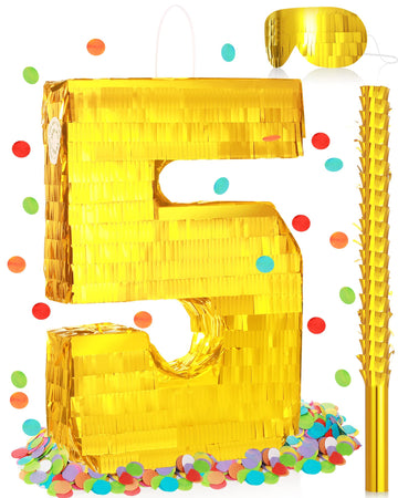 Sratte Number Piñata Birthday Piñata Decorations Gold Foil Piñata With Stick Blindfold Confetti For Boy Girl Birthday Party Decorations Anniversary Celebrations Fiesta Supplies(Number 5)