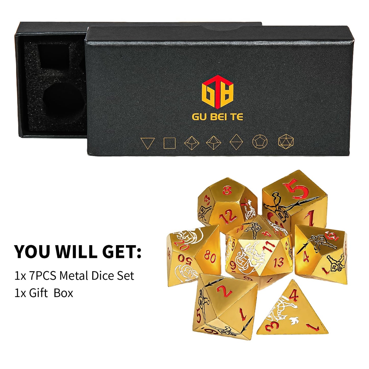 GU BEI TE Metal DND Dice Set, Dragons and Warriors DND Dice 7-pcs Metal Polyhedral Dice Set for Dungeons and Dragons RPG MTG Tab