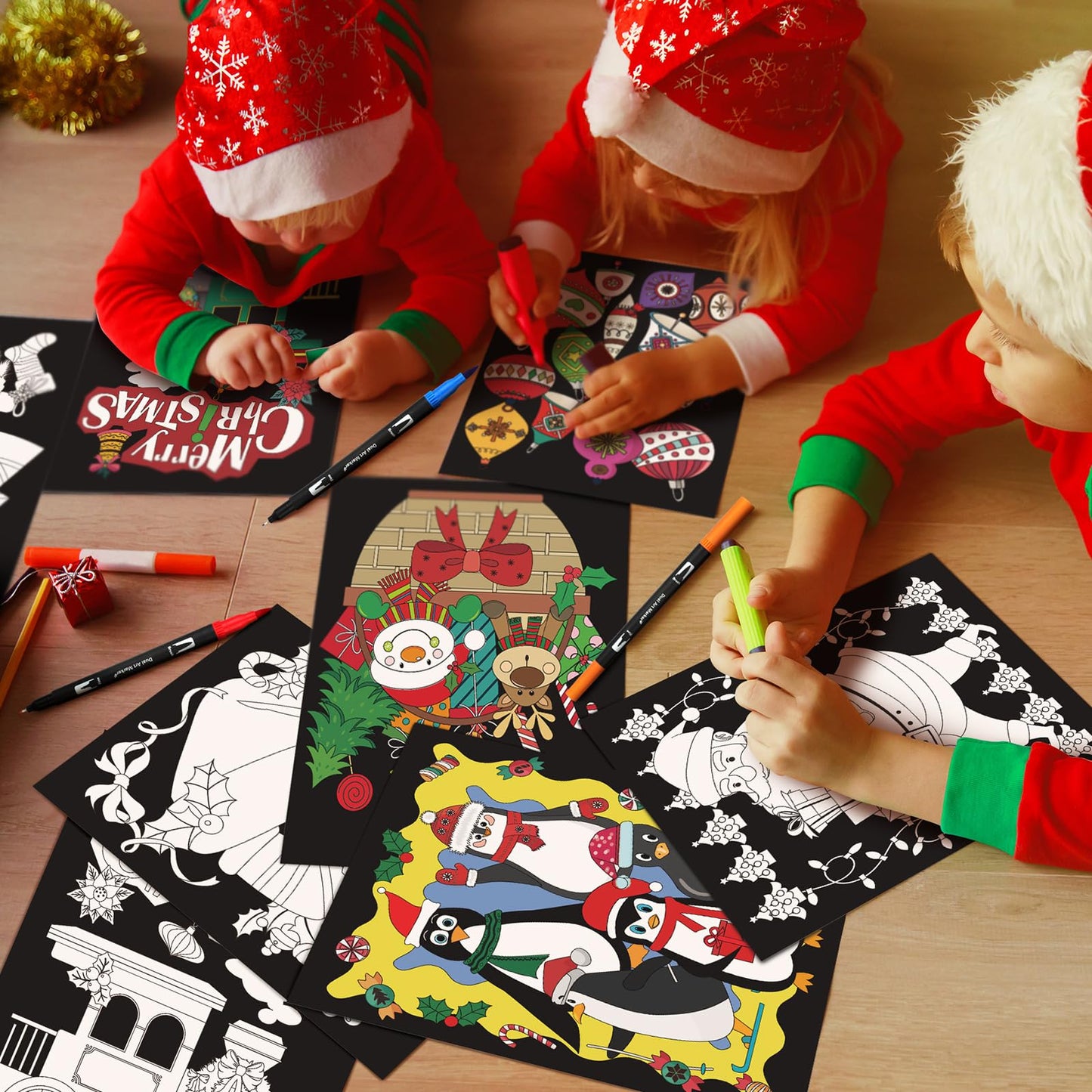 Zhanmai Pack of 48 Velvet Christmas Coloring Posters and Watercolor Pens Fuzzy Velvet Xmas Coloring Posters for Adults Teenagers