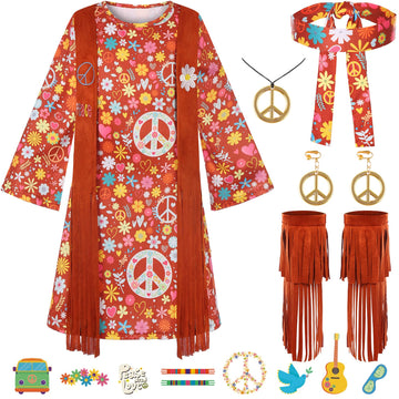 Gorkonpy Hippie Costume For Girls Kids 70S 60S Costume Outfits Halloween Party Dress Up (8-9 Years)