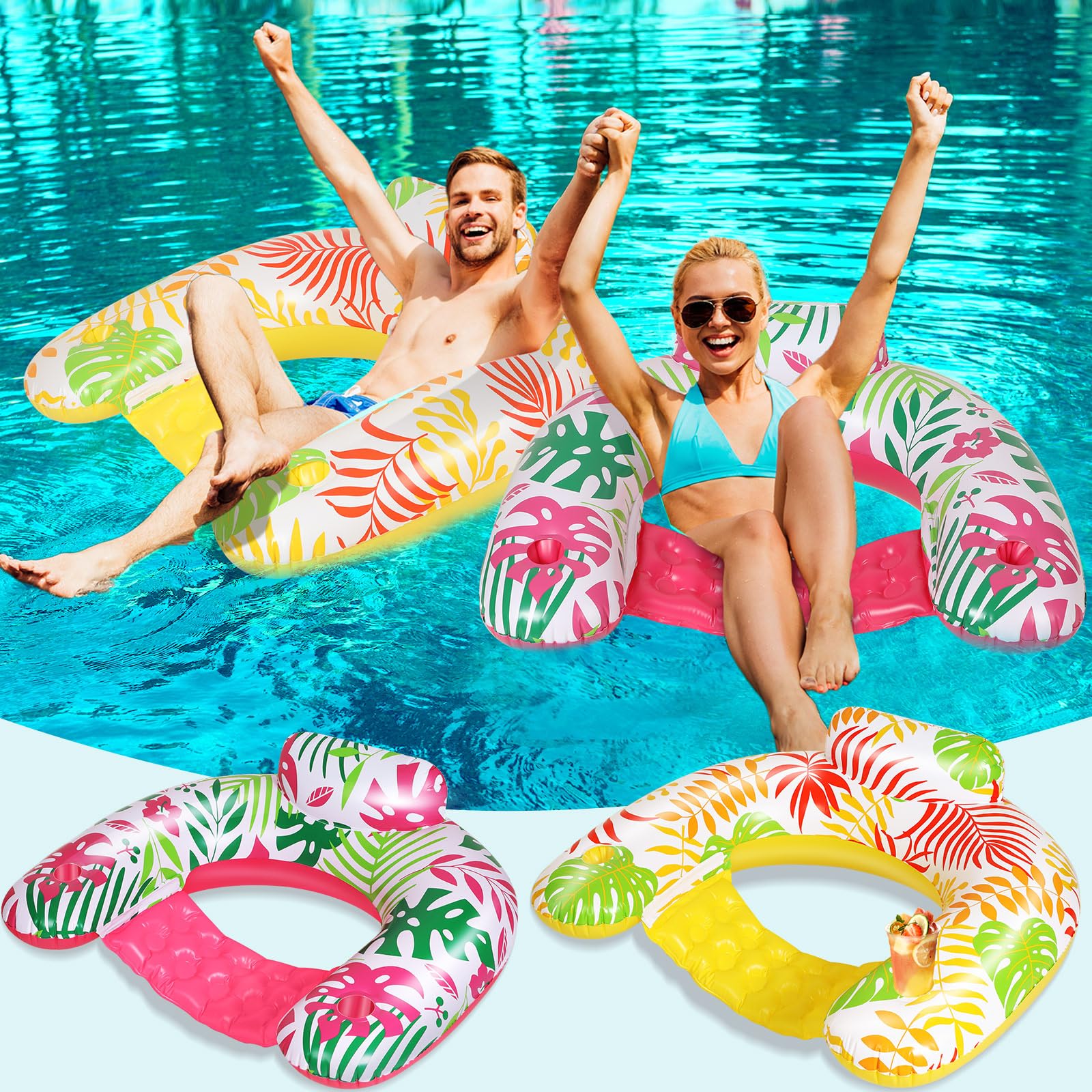 VercanMonth 2 Pack Inflatable Pool Float Chair mature-themed  Pool Chairs with Cup Holders Backrest  Portable Lounge Floaties for Swimming Summer Toy Floaties Beach Party Floaty for mature-themed (Classic Style)