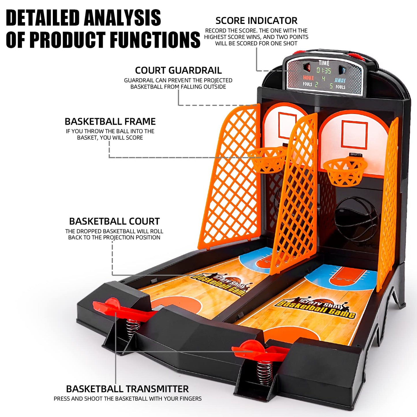 GOODLYSPORTS Mini Basketball Game - Medium Orange Plastic Desk Toy, Model 80880, Fun for Kids & Adults, Ideal Basketball Gift