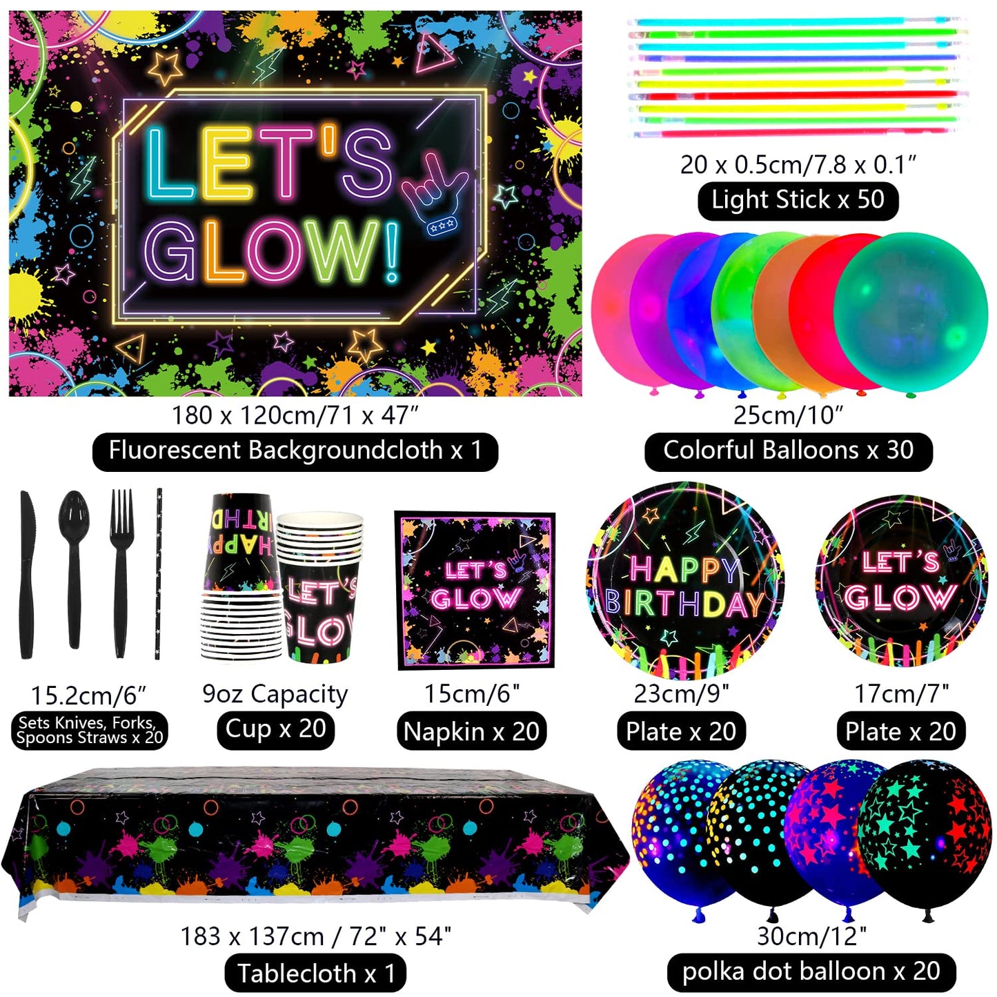 Glow Neon Party Supplies - Glow In The Dark Birthday Let'S Glow Backdrop Banner, Plates, Glow Sticks, Tablecloths, Cups, Napkins, Neon Balloons, For Blacklight Party Decorations Serves 20 (Set A)