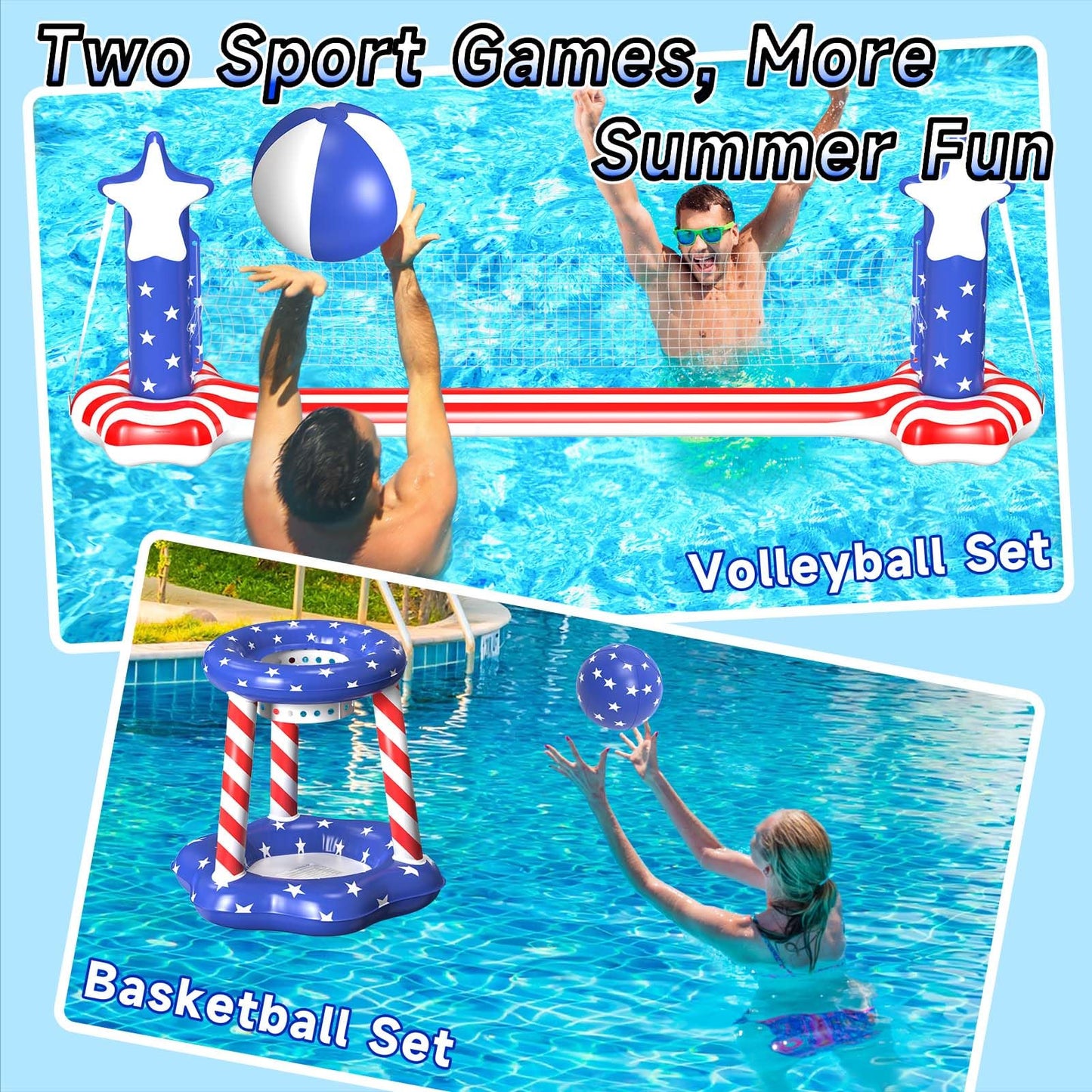 Gardentime Inflatable Volleyball Net and Basketball Hoops Pool Floating Toys Swimming Water Games for mature-themeds and Kids 8-12 Teens Volleyball Court (122 x25 x40 ) American Flag Summer Floaties