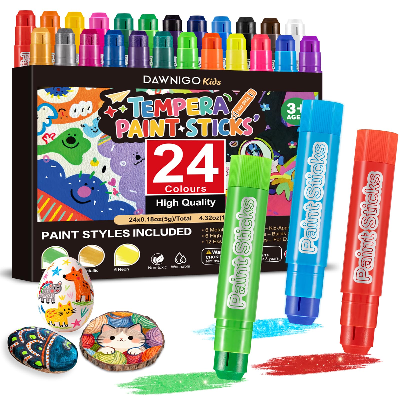 24 Colors Tempera Paint Sticks,Washable Paint Sticks for Kids,Non-Toxic,90s Quick Drying, Allergen Free and High Coverage Solid 