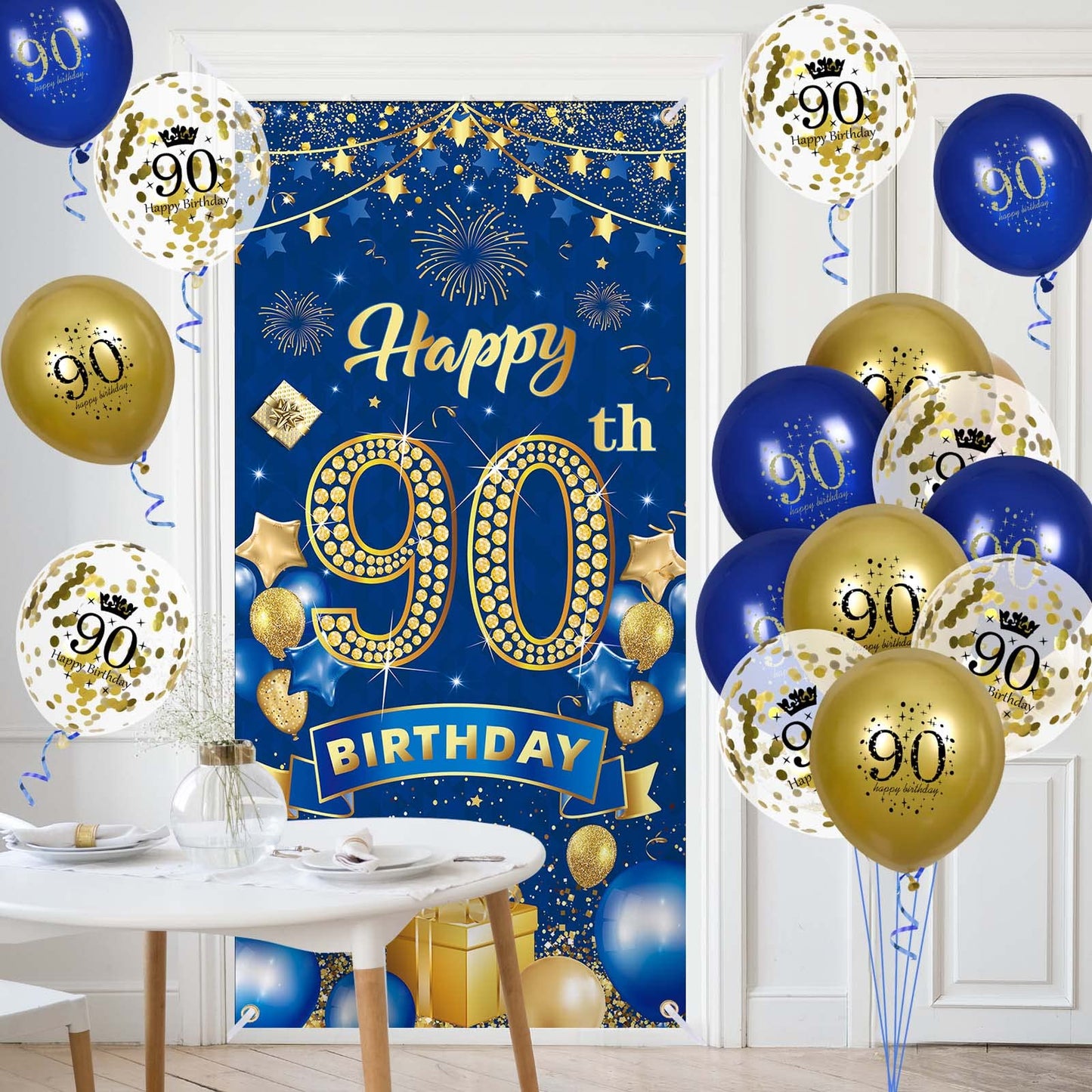 90th Birthday Party Decorations for Men Navy Blue Gold Happy 90th Birthday Banner with 18pcs 90th Balloons 90th Door Cover Backd