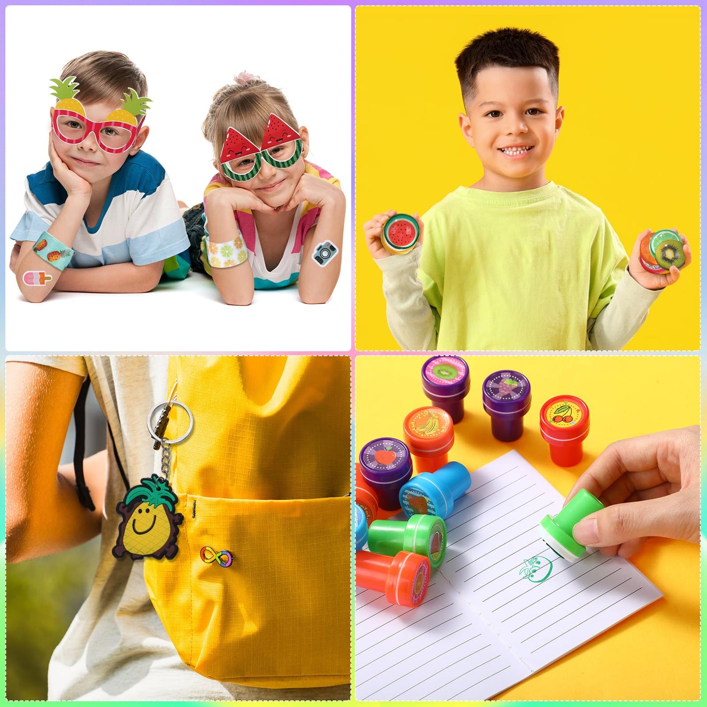Blosssound 96 Pcs Fruit Party Favors Summer Fruits Theme Birthday Gifts Set Make a Fruit Sticker Stress Ball Slap Bracelet Glass