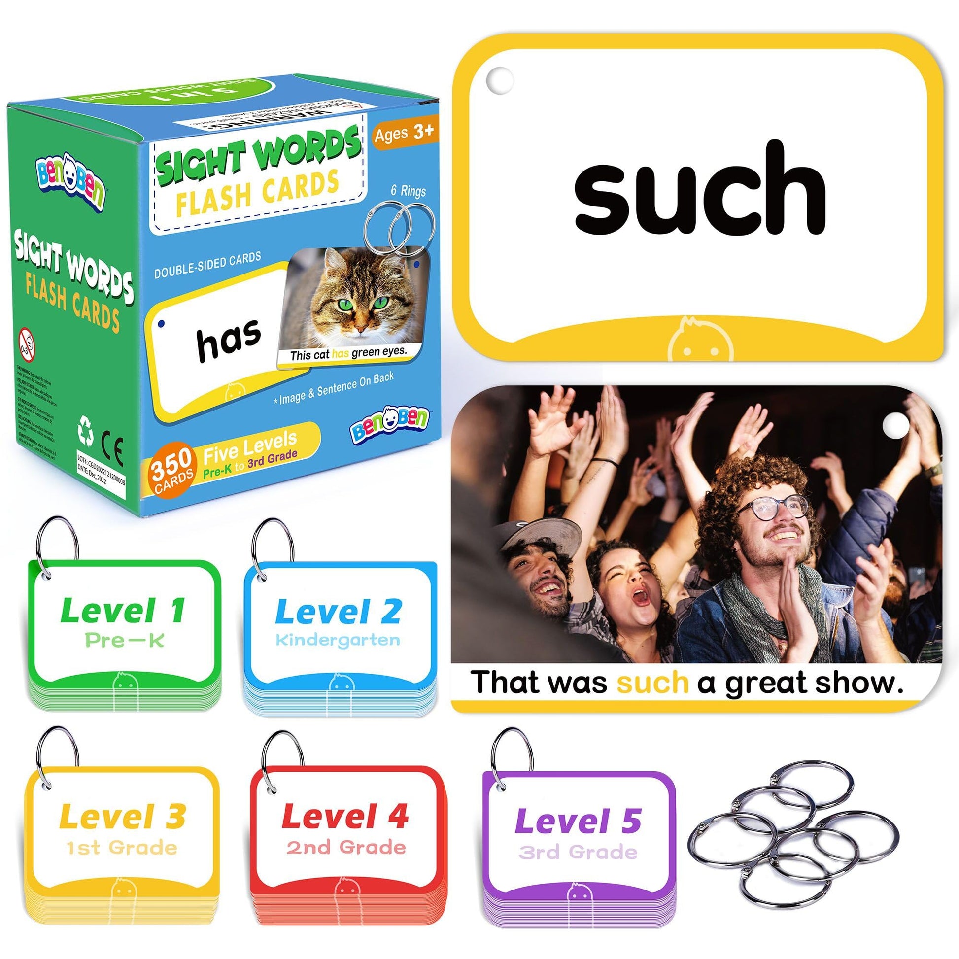 Benben Sight Words Flash Cards, 350 Dolch & Fry High Frequency Site Words For Pre-K, Kindergarten, 1St Grade, 2Nd Grade, 3Rd Grade, Educational Learning Cards Homeschool Supplies For Ages 3-9