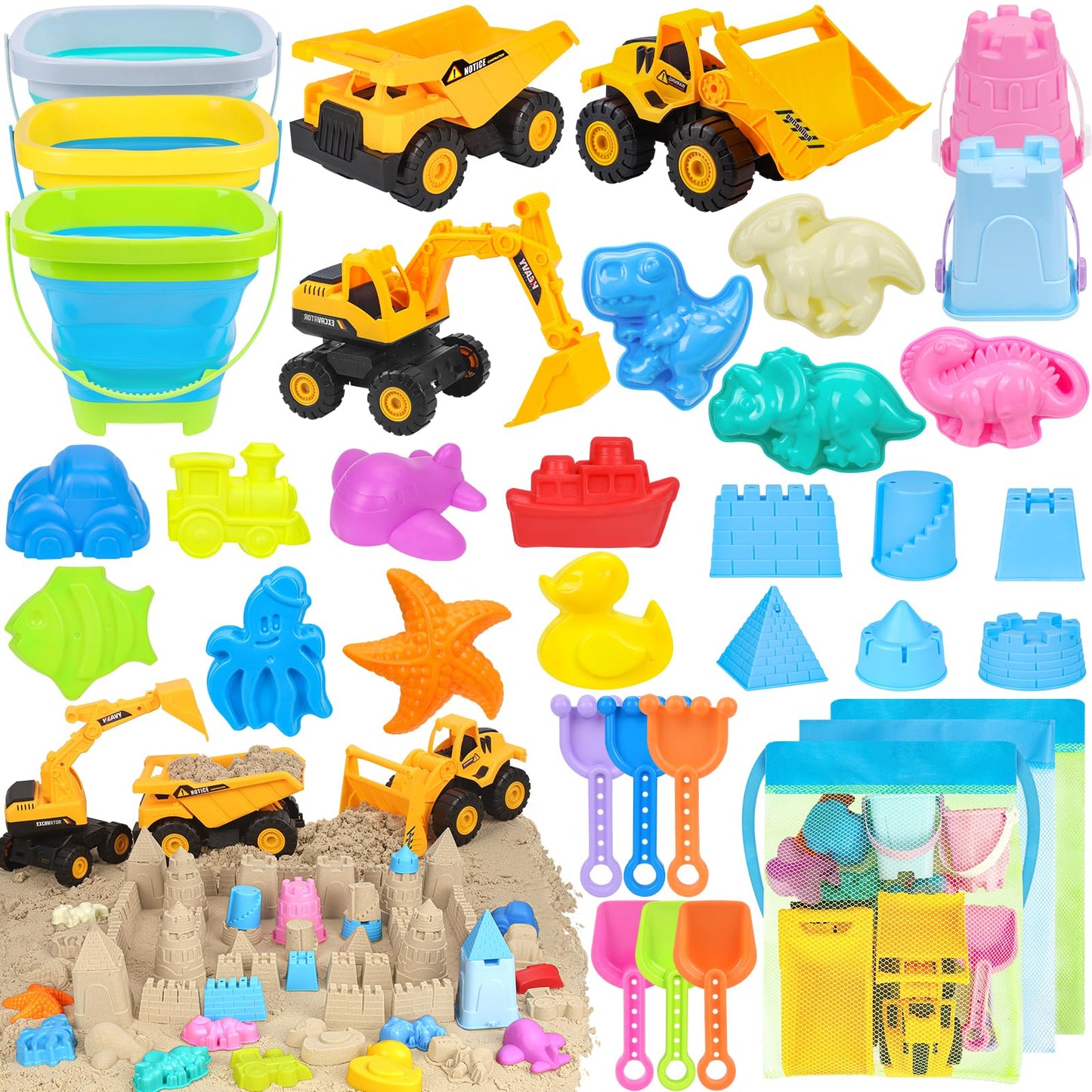 FHOZGECY Beach Toys, 35Pcs Sand Toys, Sandbox Toys with 3 Truck 3 Collapsible Beach Bucket, Sand Castle Toys Kit, Animal Dinosau
