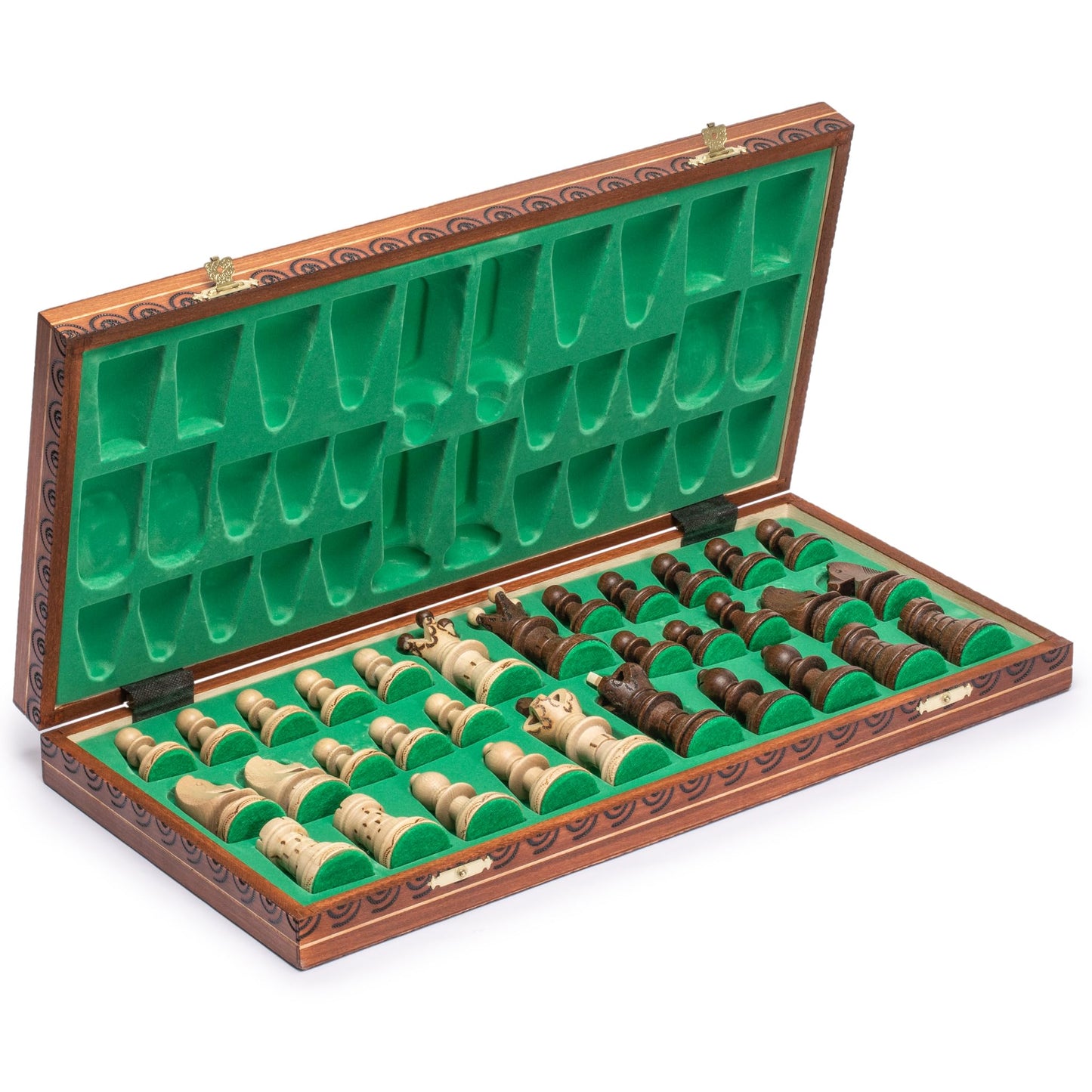Husaria Wooden Chess Set - Ambassador, 21.7 Inch Large, Handcrafted Brown Chessmen, Felted Folding Board, Model SU-CH128-B