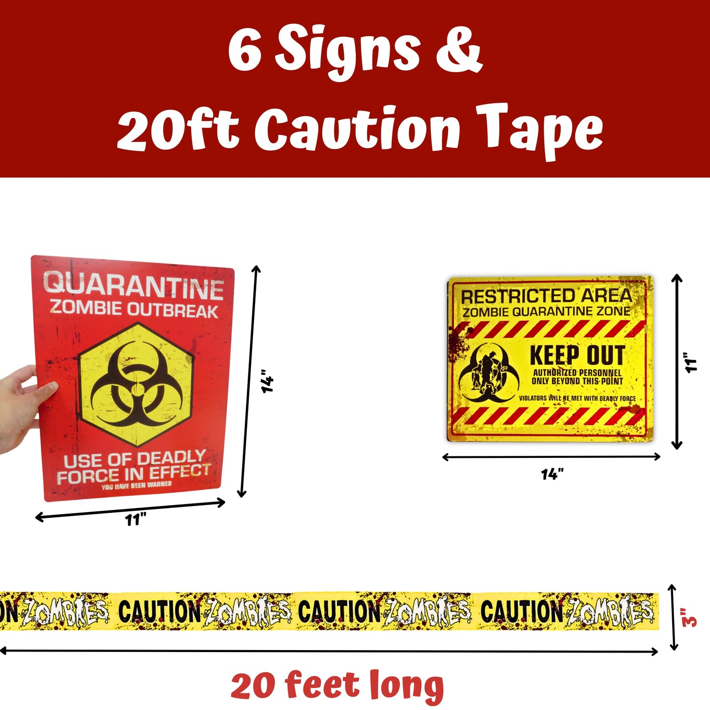 4Es Novelty 6 Warning Signs 11x14 with Caution Tape Roll 20 Feet - Halloween Zombie Party Decorations Halloween Indoor Outdoor