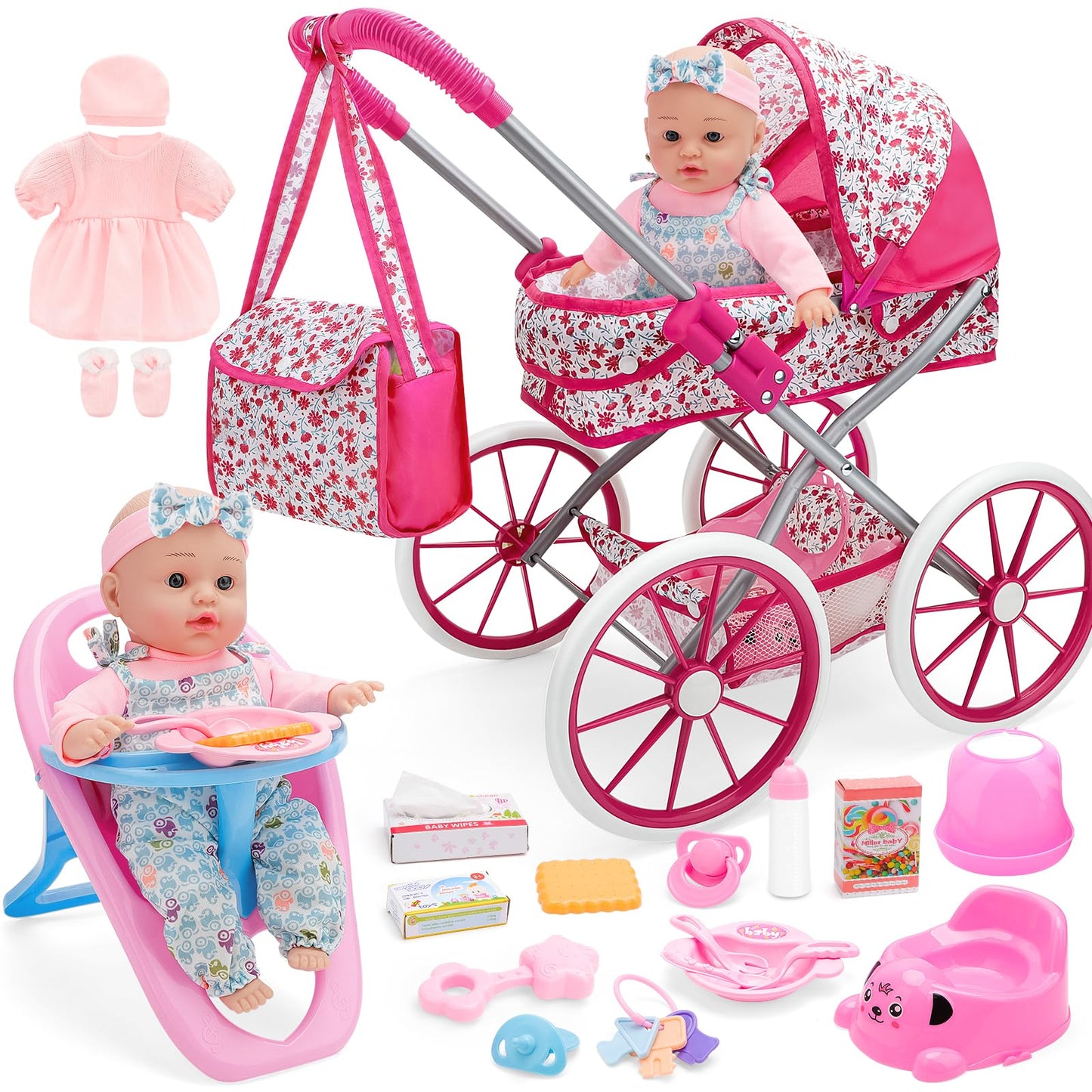 deAO Baby Doll Stroller Set High Chair Travel Diaper Bag with 12 inch Baby Doll Accessories Pretend Play Toys with Foldable Stro